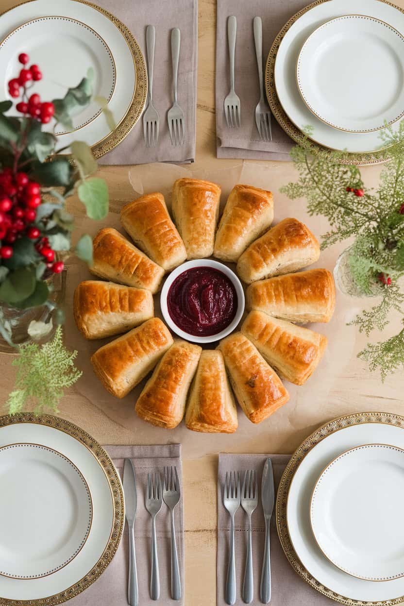 On an indoor dining table, a circle of golden puff pastry sausage rolls arranged like a wreath with a small bowl of cranberry mustard in the center. Festive but logo-free, photo.