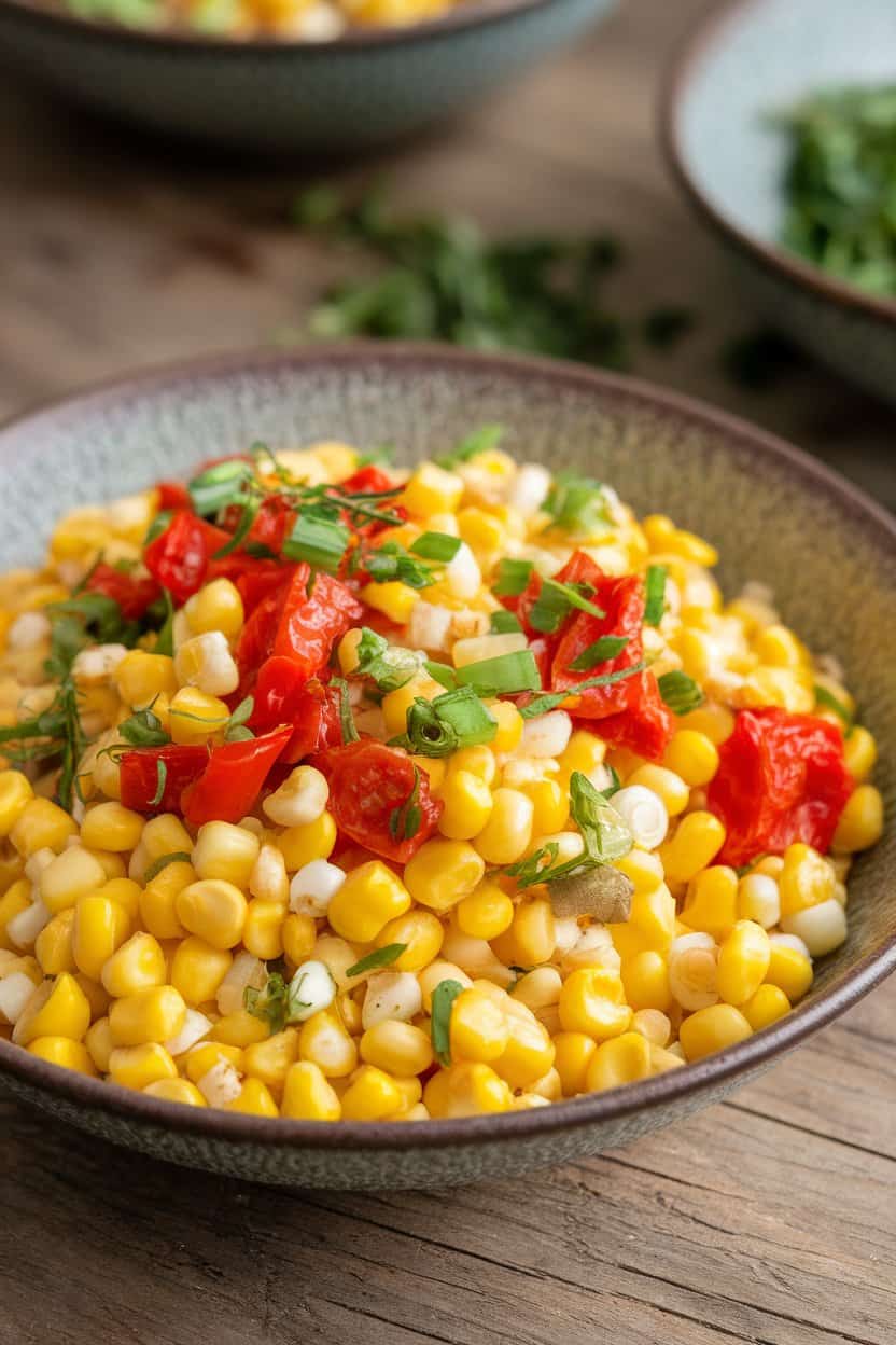 Indoor photo of bright yellow corn kernels, diced roasted red peppers, and chopped scallions tossed together in a shallow serving bowl. No text or logos.