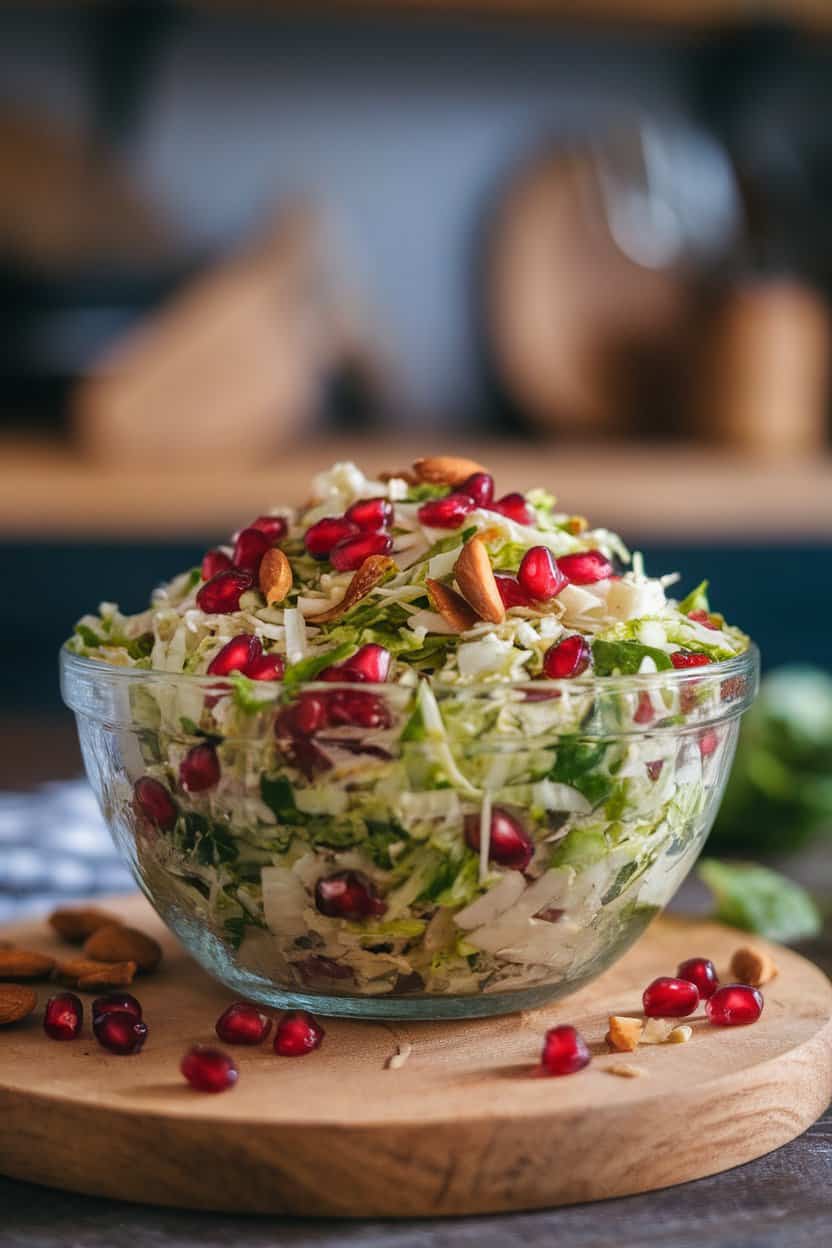 Indoor photo of shredded Brussels sprout slaw with pomegranate arils and toasted almonds in a glass bowl, no text or logos