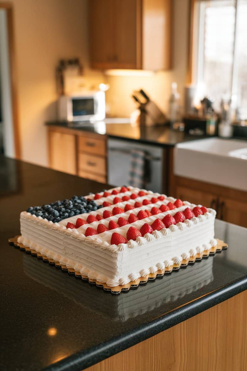 A warmly lit indoor kitchen island showcasing a rectangular vanilla sheet cake topped with whipped cream, strawberries, and blueberries arranged in an American flag pattern, photographed from a slight overhead angle. No text or logos. Photo.
