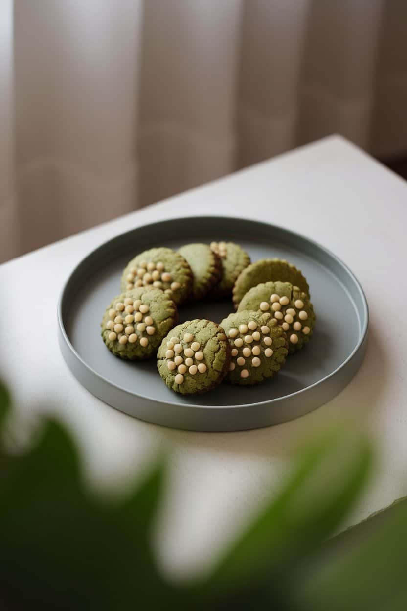 Photo prompt: Indoor minimalist setting with green matcha cookies dotted with white chocolate, modern plate, diffused light, no text or logos.