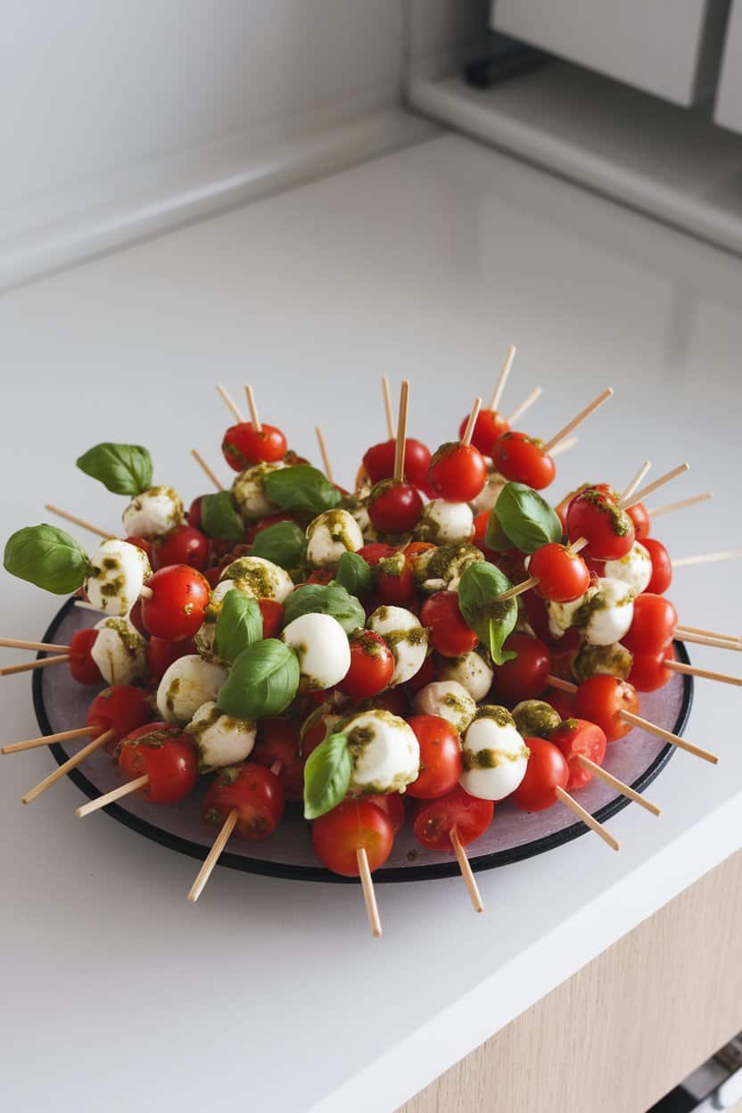 An indoor countertop platter of small bamboo skewers threaded with cherry tomatoes, mini mozzarella balls, and basil leaves, lightly drizzled with vibrant green pesto. Soft overhead light, no text or logos, photo.
