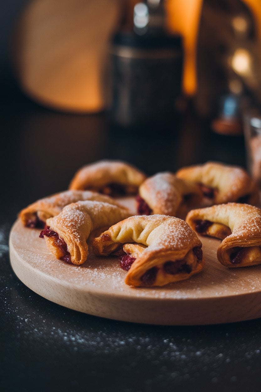 Photo prompt: Indoor pastry board featuring crescent-shaped rugelach sprinkled with sugar, fruit filling peeking, warm indoor light, no text or logos.