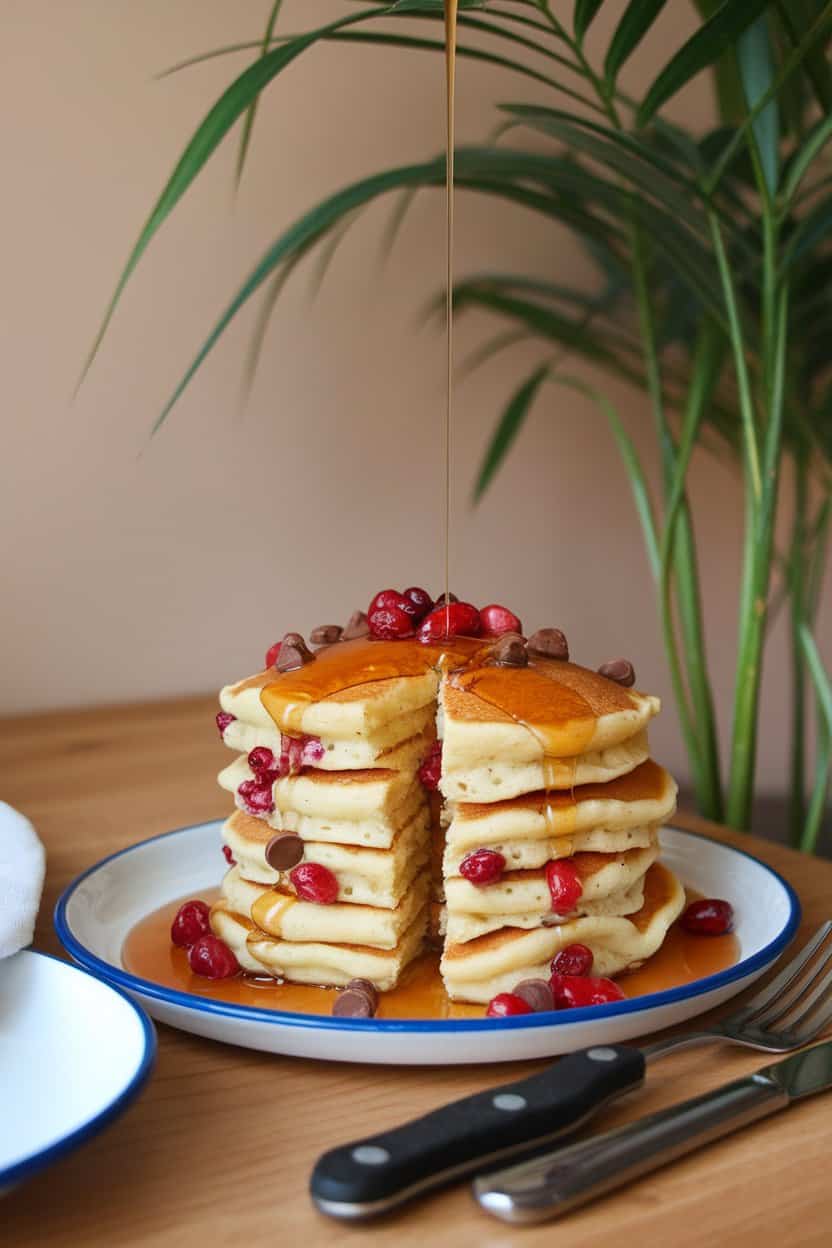 An indoor brunch table featuring a stack of fluffy pancakes dotted with cranberries and chocolate chips, maple syrup drizzling down. No text or logos, photo only.