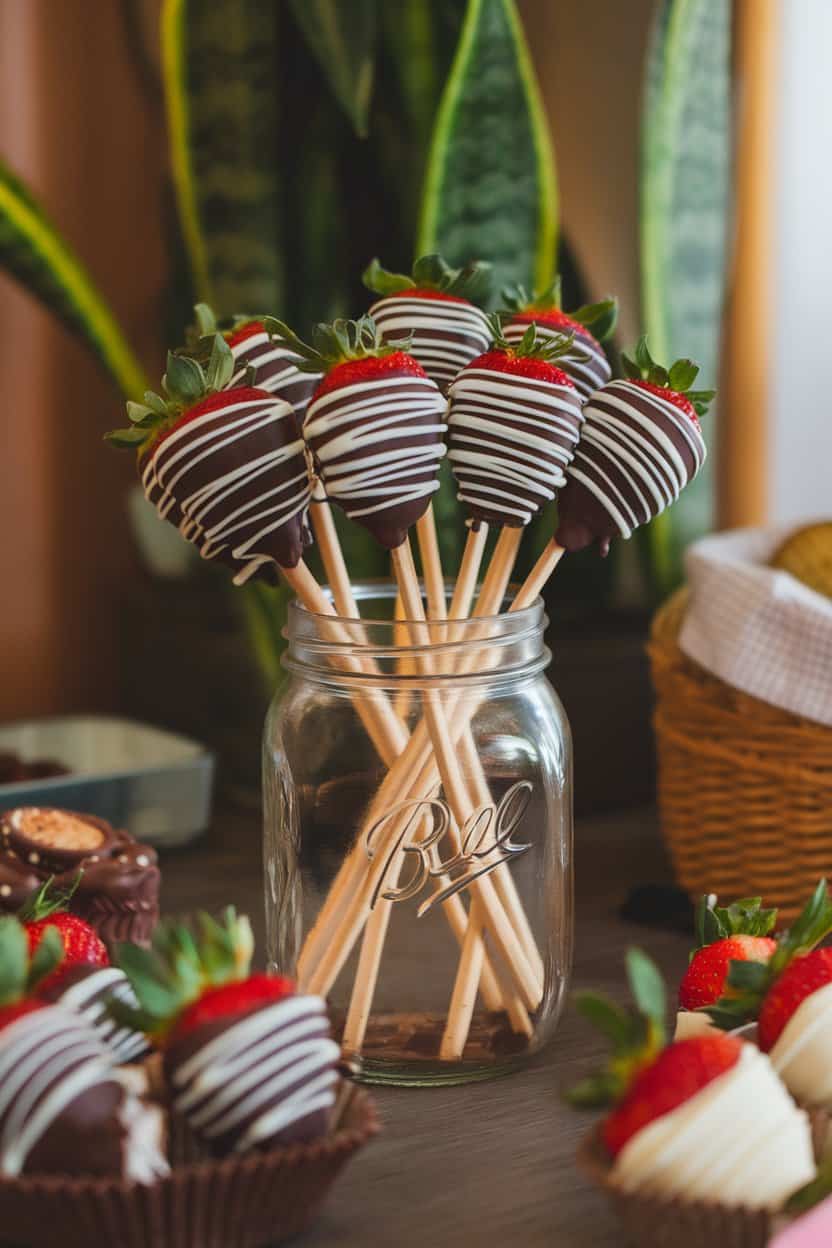 An indoor gift table with long-stem strawberries dipped in dark and white chocolate, arranged upright in a mason jar like a bouquet, no text or logos visible. Photo.