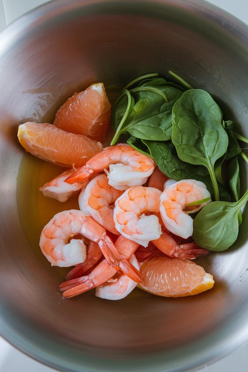 Indoor photo of cooked pink shrimp, grapefruit segments, and baby spinach leaves arranged in a shallow bowl, light vinaigrette visible. No text or logos.