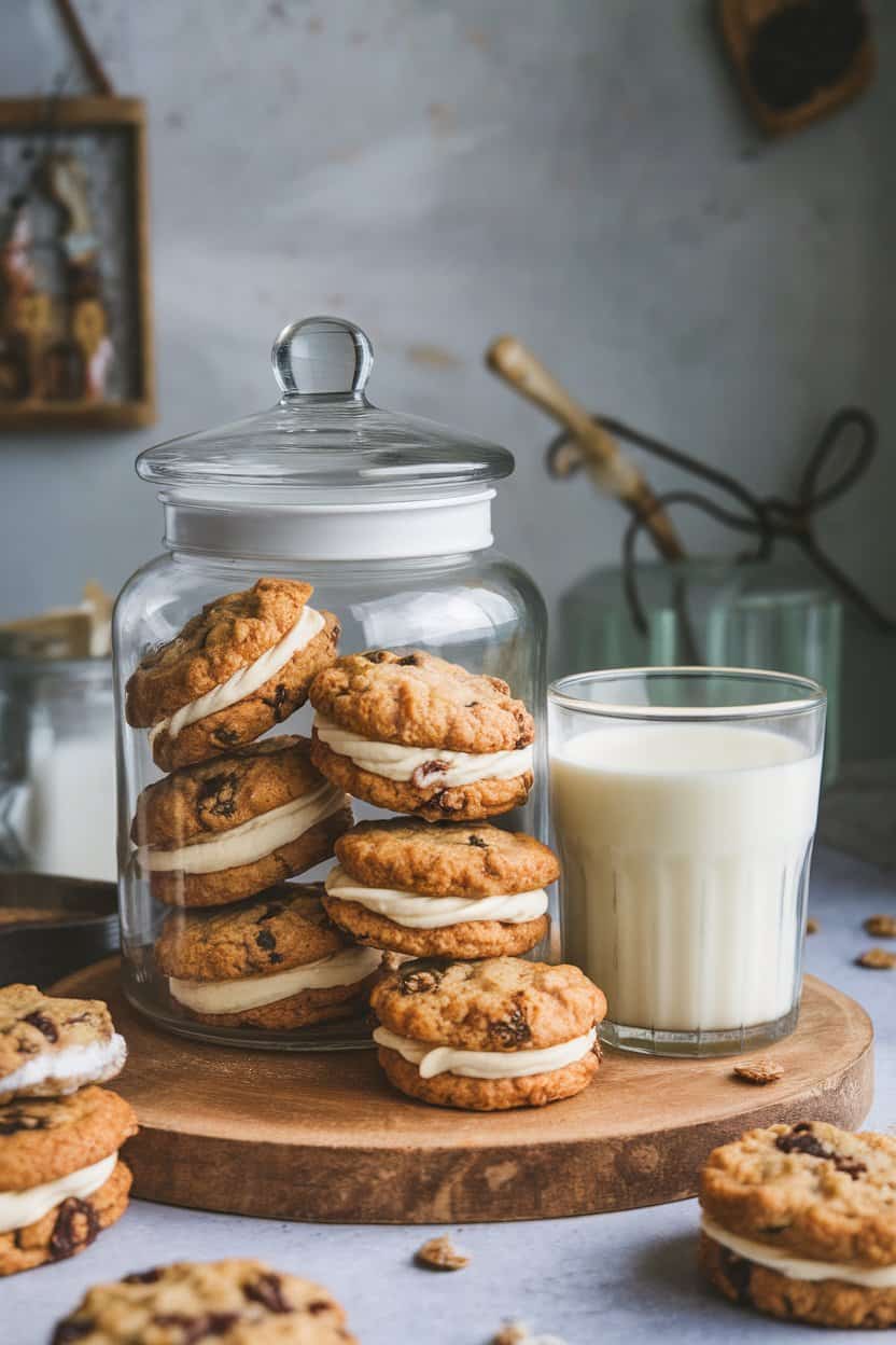 An indoor cookie jar scene with pairs of chewy oatmeal raisin cookies sandwiched around vanilla buttercream, stacked beside a glass of milk. No text or logos. Photo.