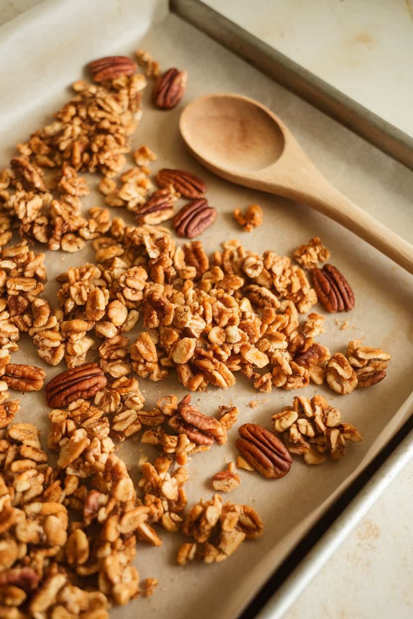 Indoor photo of a parchment-lined baking sheet scattered with golden maple pecan granola clusters, a wooden spoon resting nearby, no text or logos
