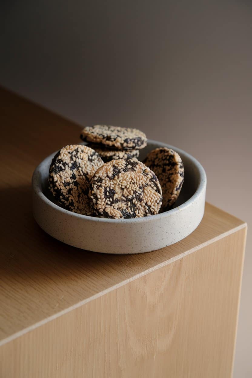 Photo prompt: Indoor modern dish with black sesame almond cookies, contrasting light and dark seeds on top, side lighting, no text or logos.