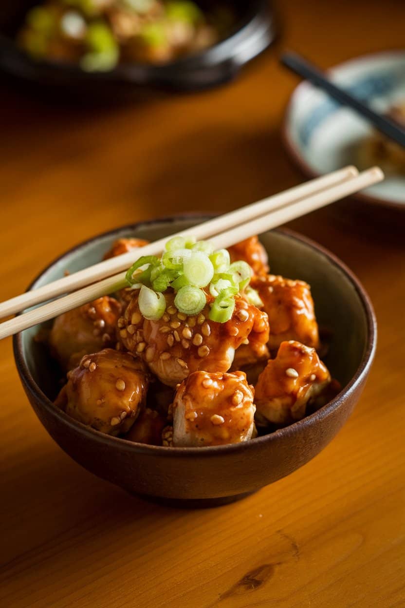 Indoor serving bowl of bite-size sesame-glazed chicken pieces topped with sliced scallions, chopsticks resting on the rim. Warm lighting, no logos. Photo, not illustration.