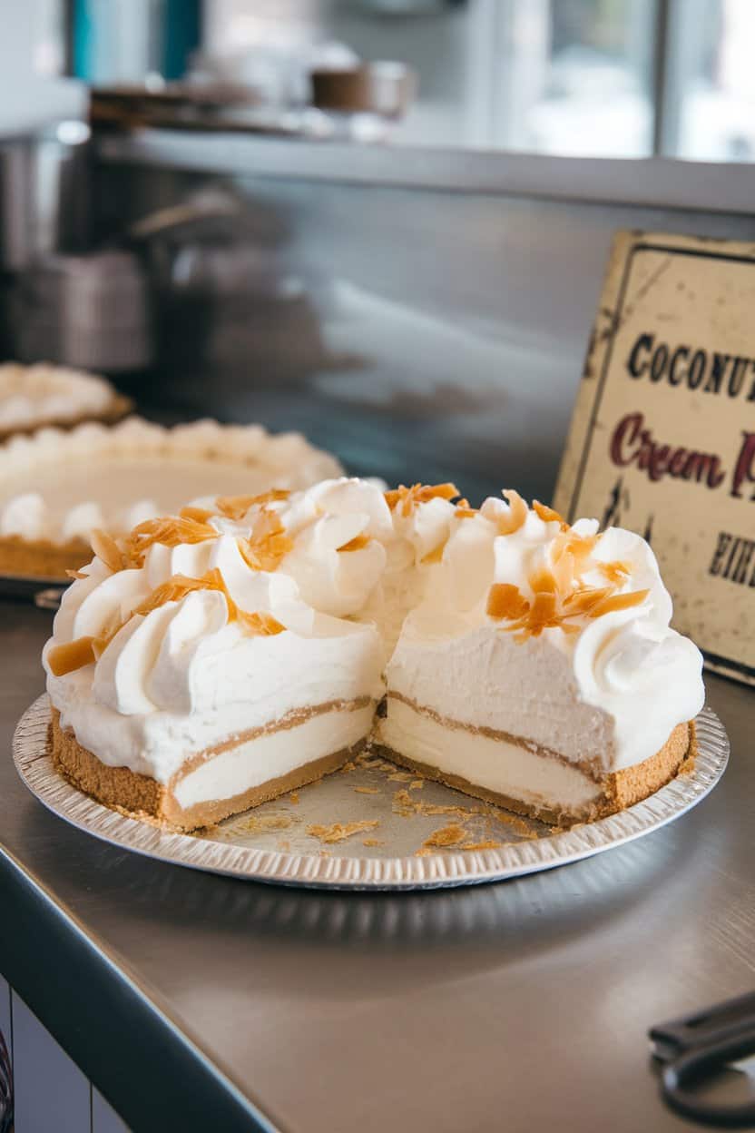 An indoor diner-style counter with a coconut cream pie sliced to show thick coconut custard, billowy whipped cream, and toasted coconut flakes on top. No text or logos. Photo.