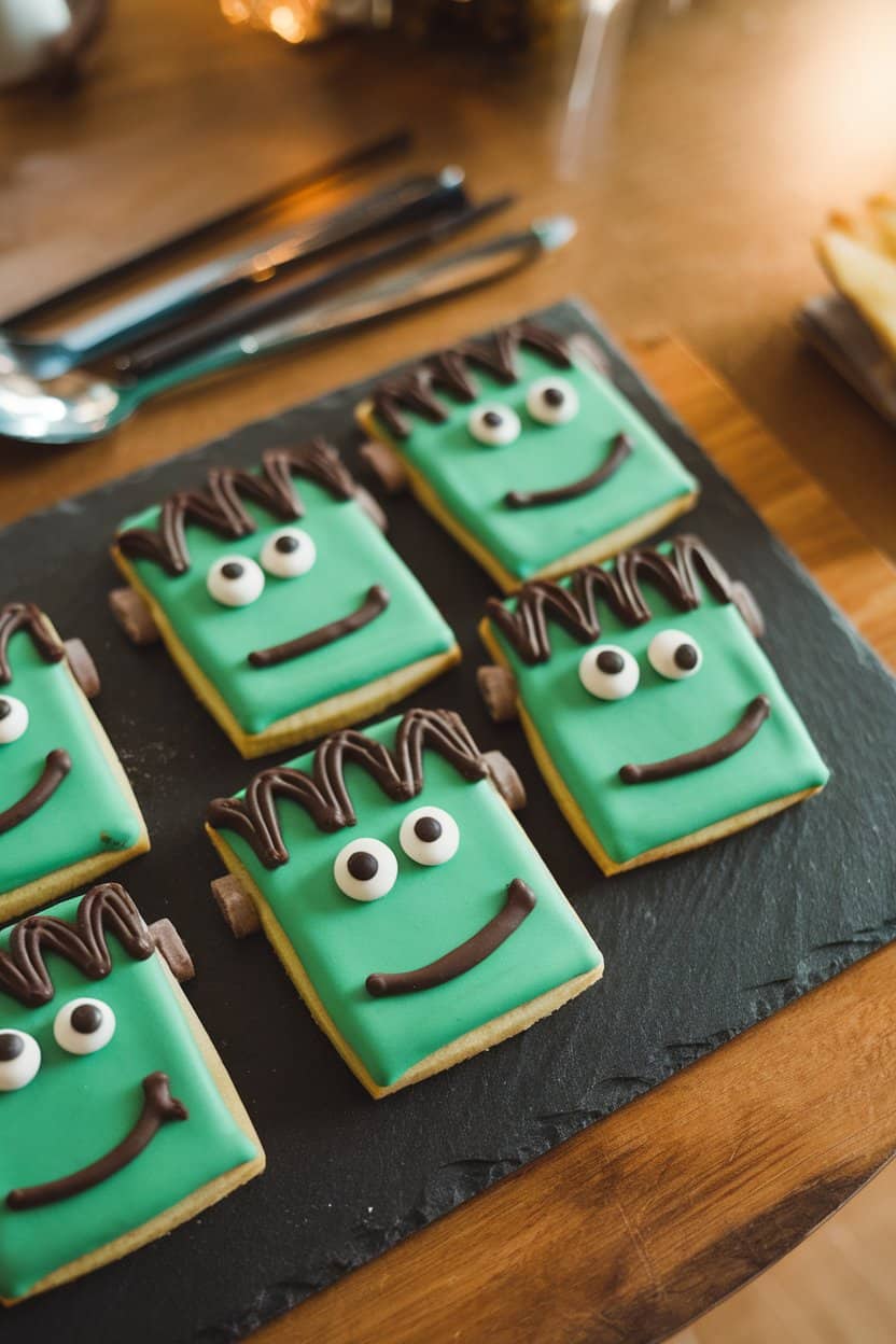 Photo of an indoor setting with square green cookies decorated with chocolate “hair” and candy eyes to resemble Frankenstein, arranged on a slate board—no text or logos.