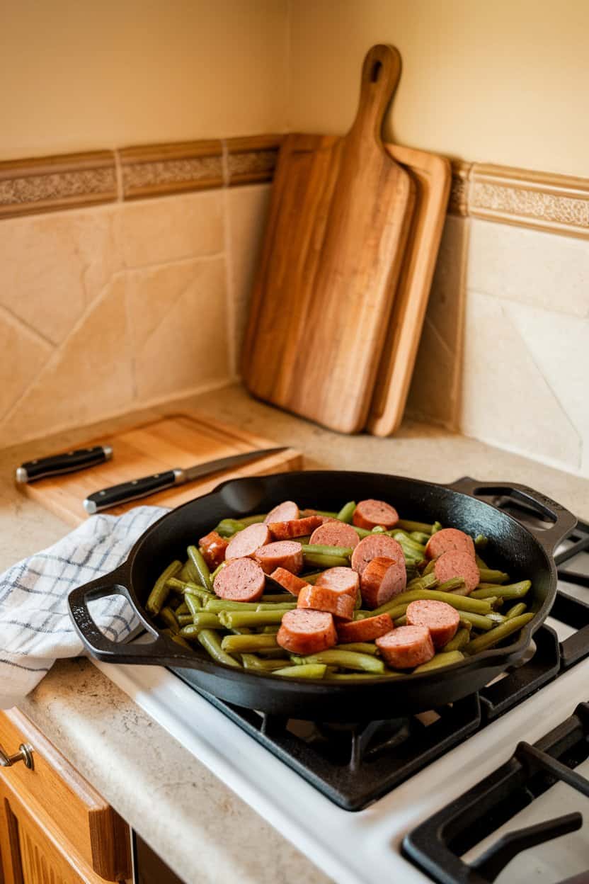 Indoor kitchen counter featuring a cast-iron skillet filled with saucy green beans and sliced smoked sausage; overhead light, no text or logos