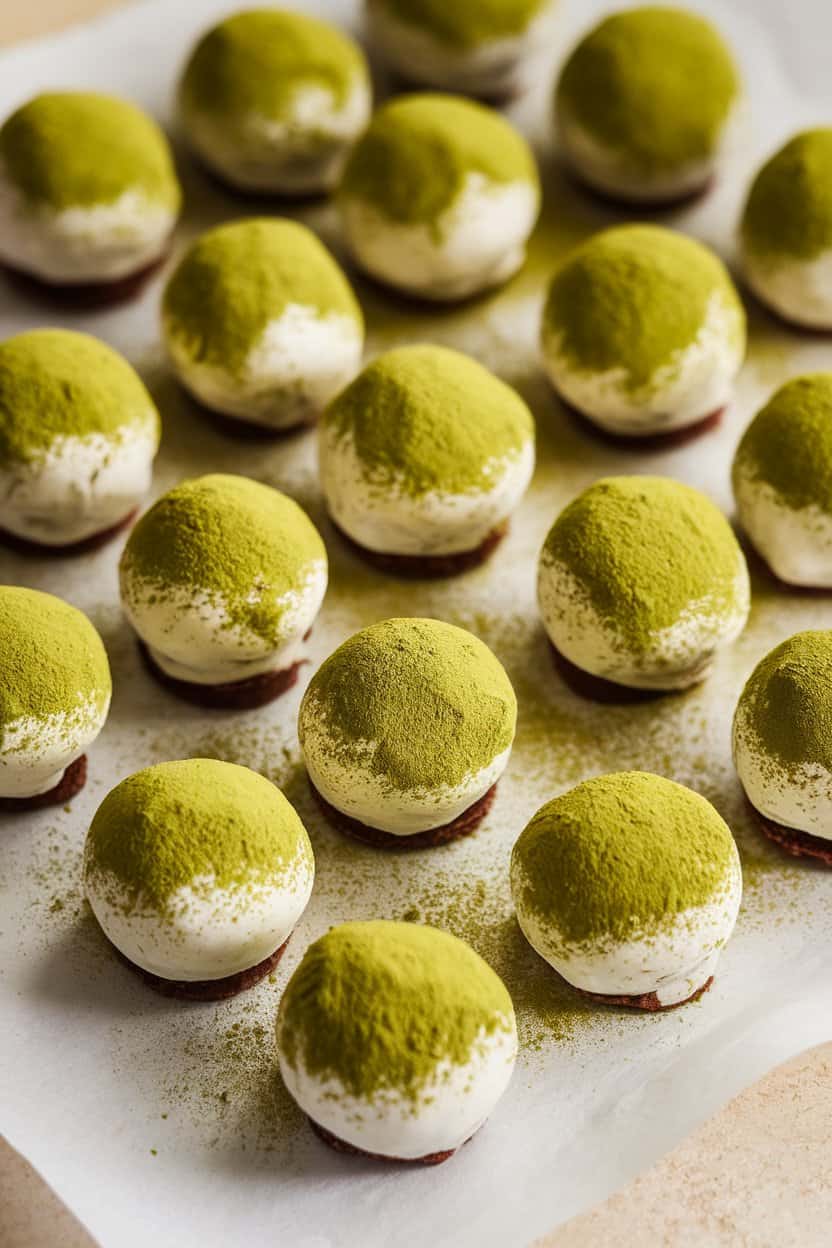Indoor photo of round white chocolate truffles rolled in vibrant green matcha powder, arranged neatly on parchment; no text or logos.