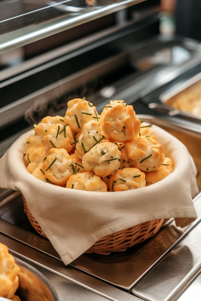 A cloth-lined basket on an indoor buffet filled with airy cheese puffs flecked with green chives, steam just visible. No text or logos, photo.