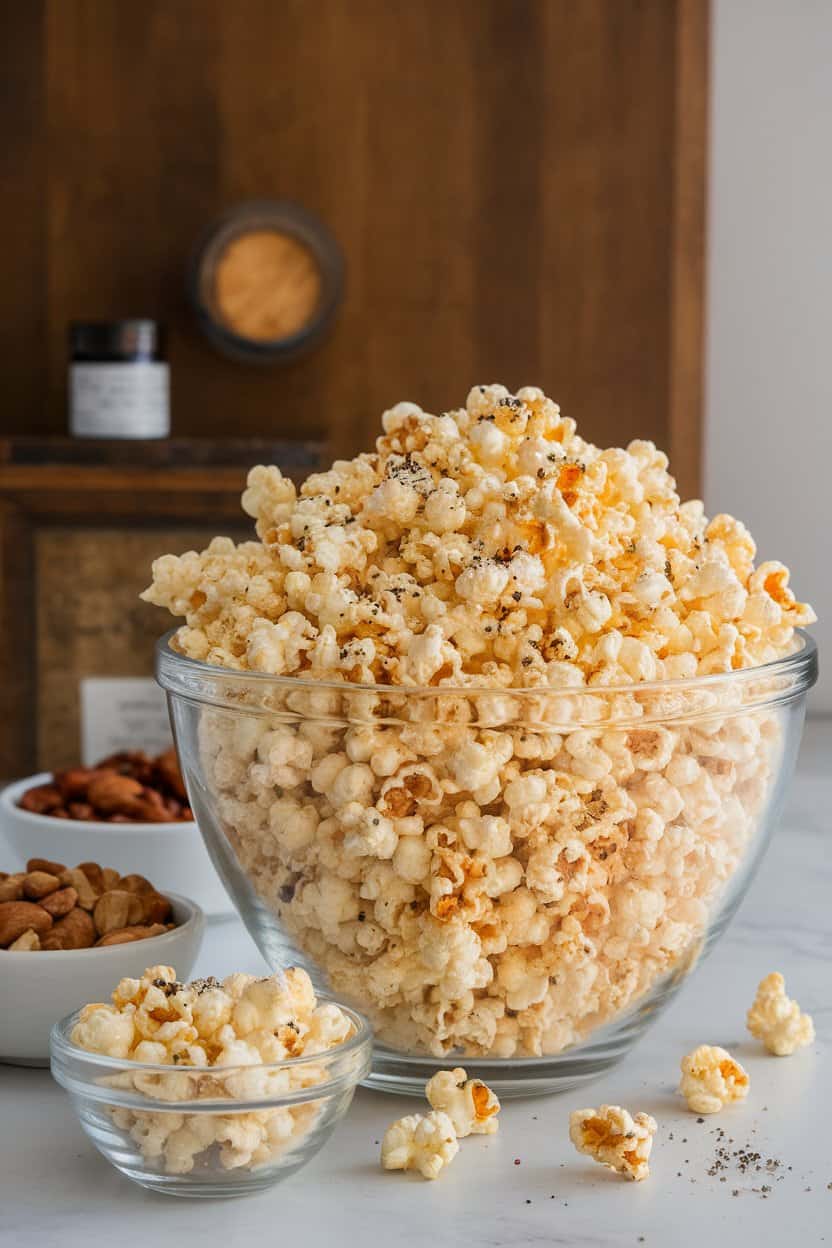 Indoor glass bowl brimming with fluffy popcorn coated in parmesan and speckled with black truffle salt, satellite bowls of nuts nearby. No text or logos, photo.