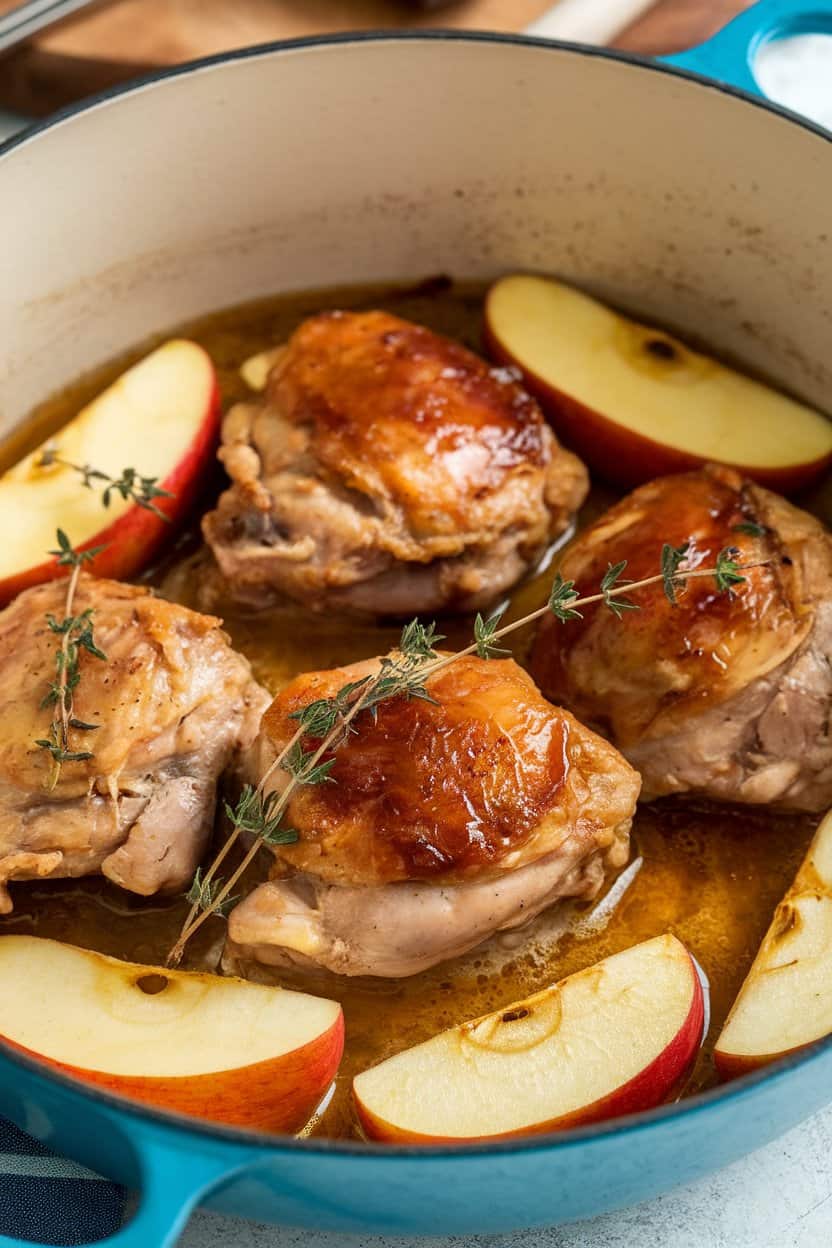 Indoor photo of braised chicken thighs in a Dutch oven with apple slices and thyme sprigs, glossy cider sauce visible, no text or logos