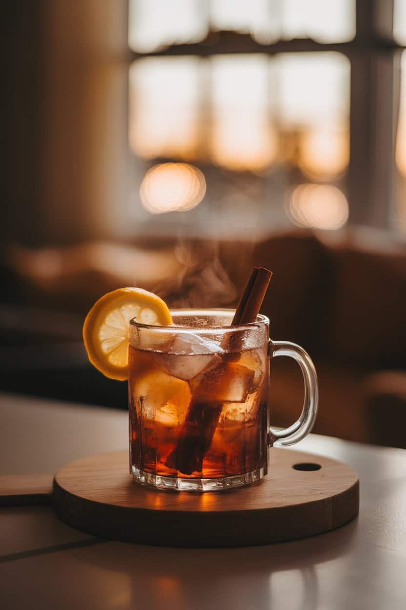 Glass mug indoors of steaming brown sugar hot toddy, lemon wheel floating, cinnamon stick inside; evening window light, no text or logos. Photo only.
