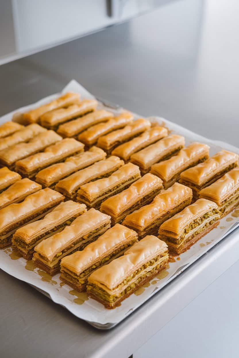 An indoor counter with thin baklava fingers, green pistachio layers visible between golden phyllo sheets, lightly drizzled with honey. No text or logos. Photo.