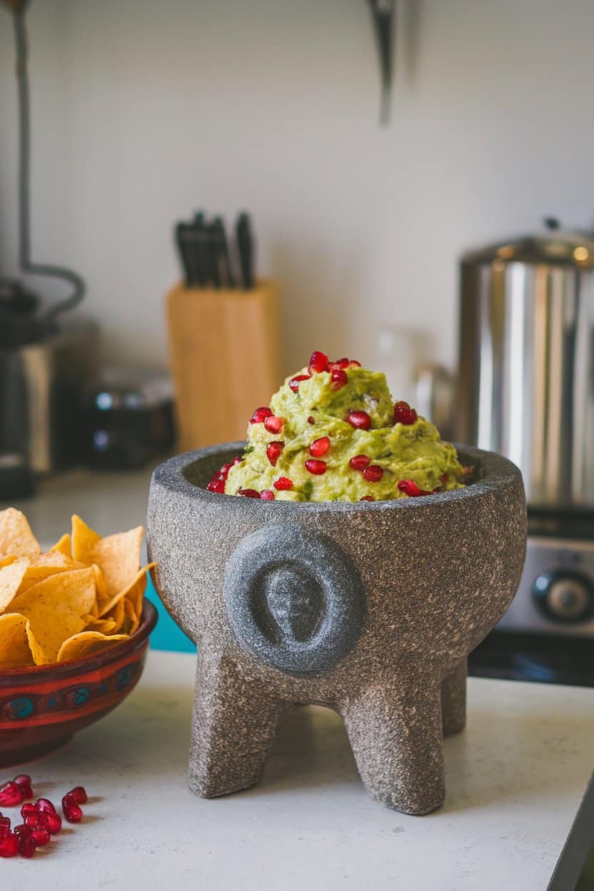Indoor kitchen island displaying a stone molcajete of guacamole studded with bright pomegranate arils, tortilla chips in a bowl nearby. No text or logos, photo.