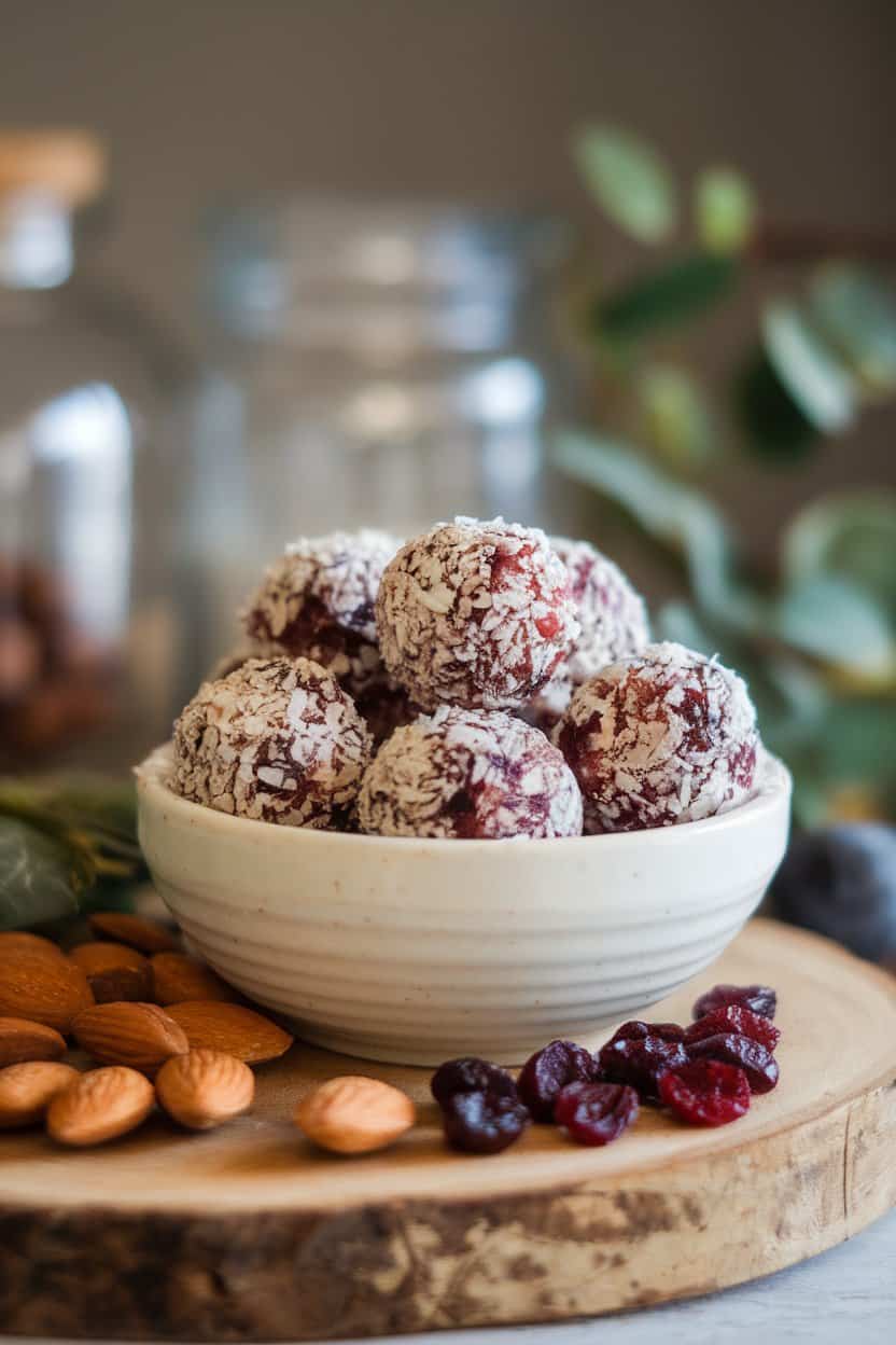 An indoor snack station with a bowl of round cranberry almond energy bites rolled in shredded coconut. No text or logos, photo only.