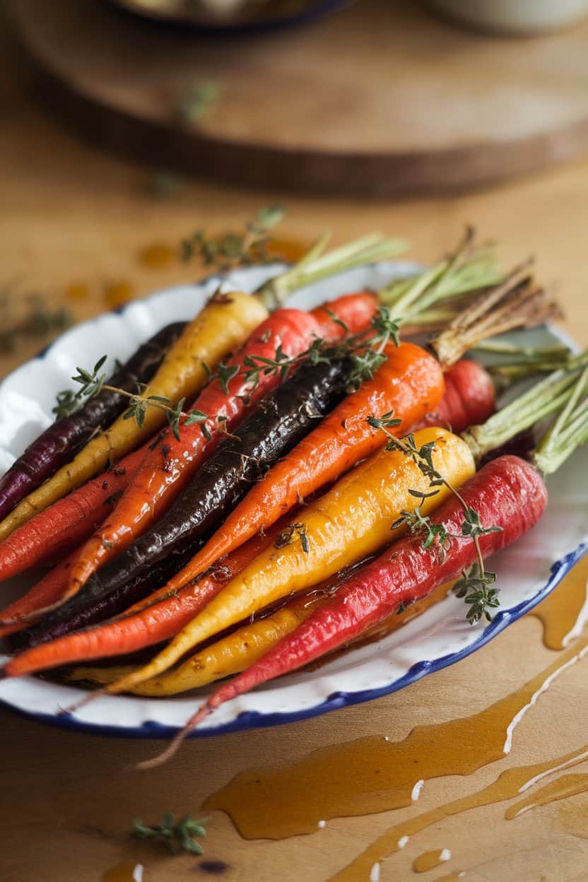 Indoor photo of multicolored roasted carrots on a white platter, glazed with shiny honey and sprinkled with fresh thyme; no text or logos.