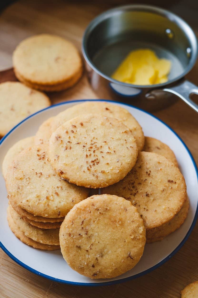 Indoor photo of a plate stacked with brown butter sugar cookies, each sporting tiny browned specks, set beside a small saucepan of melted butter. No text or logos anywhere.