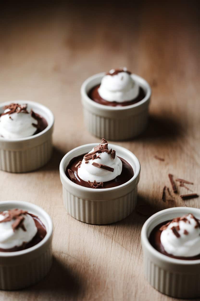 A softly lit indoor scene with small ceramic ramekins of dark chocolate pots de crème topped with a dollop of whipped cream and chocolate shavings. No text or logos. Photo.