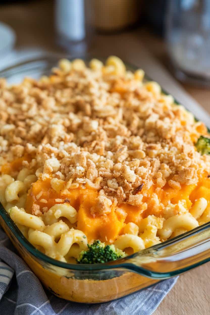 Indoor photo of a bubbling casserole dish of mac and cheese topped with golden breadcrumbs, orange squash visible between noodles, no text or logos
