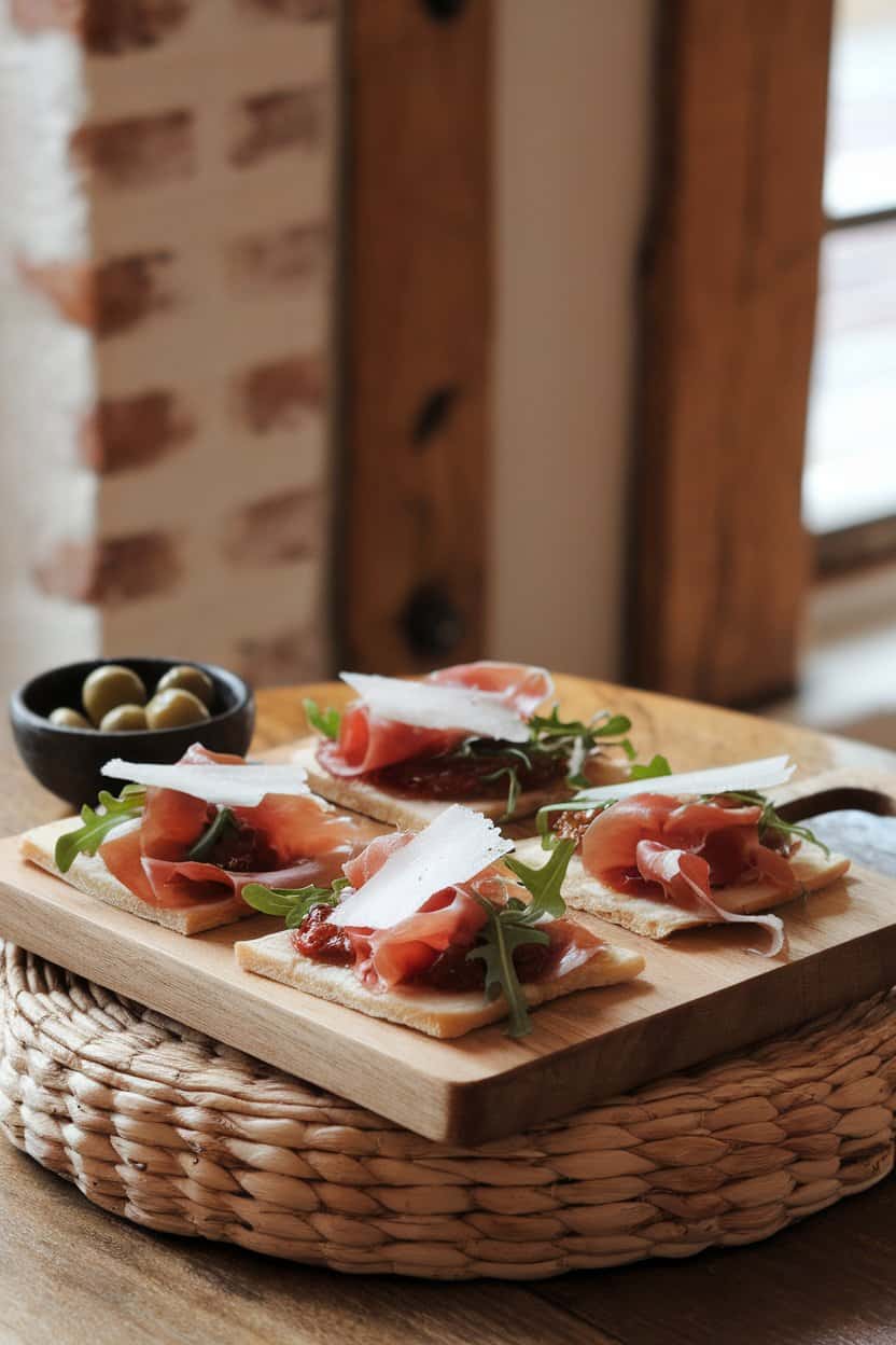 Indoors, a wooden board holding thin flatbread squares topped with fig jam, prosciutto ribbons, arugula, and shavings of parmesan. No logos, photo.