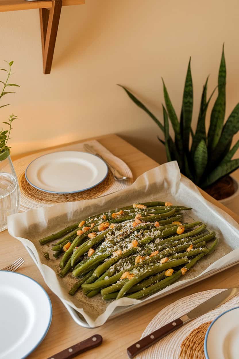 Indoor dining table with a parchment-lined sheet pan featuring roasted green beans sprinkled with grated Parmesan and flecks of roasted garlic; warm lighting, no text or logos
