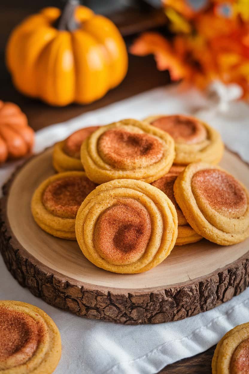 Photo prompt: Indoor autumn-tone setup with pumpkin spice cookies topped with cinnamon sugar, small pumpkin decor blurred in background, no text or logos.