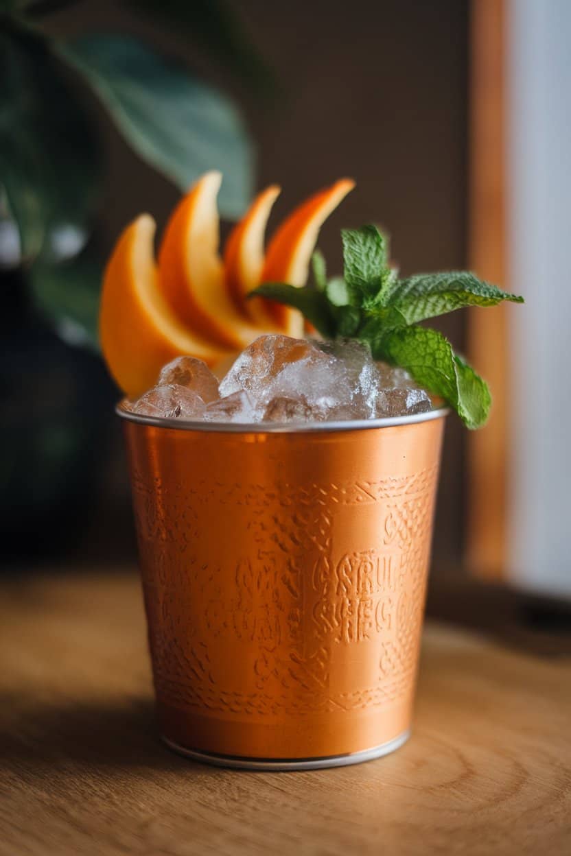 Julep cup indoors brimming with crushed ice and amber sherry cobbler, thin slices of persimmon tucked in, mint sprig on top; diffused daylight, no text or logos. Photo only.