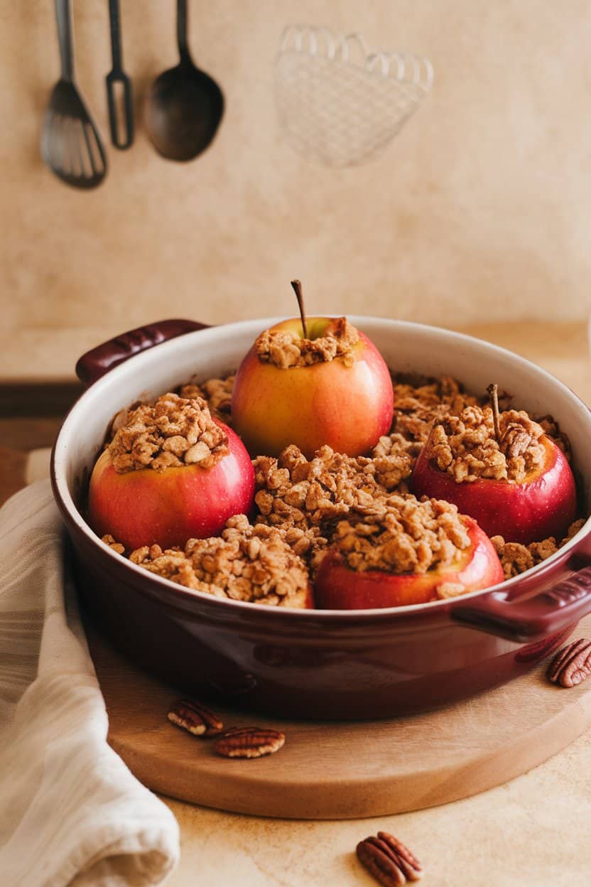 Indoor photo of cored apples stuffed with oat-pecan crumble, baked until bubbly in a ceramic dish, no text or logos