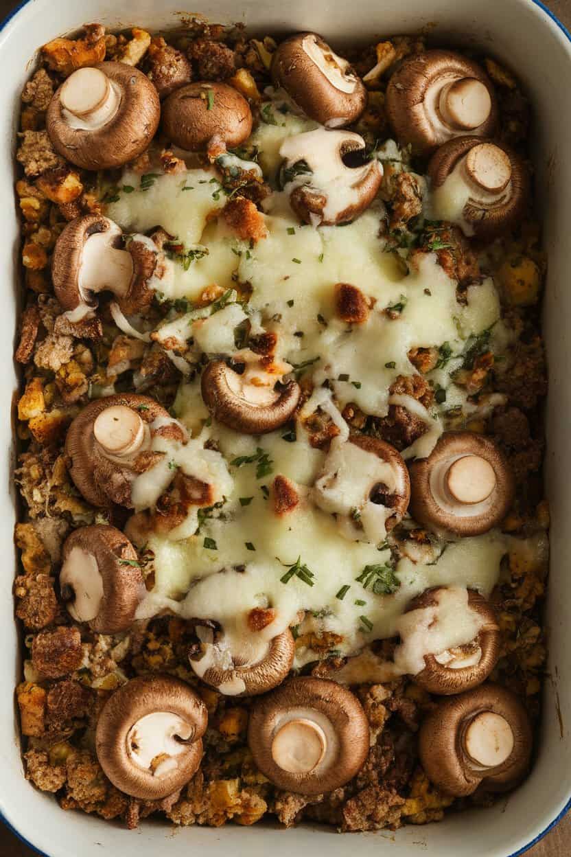 An indoor casserole dish filled with browned button mushrooms overflowing with sausage and herb stuffing, parmesan melted on top. Warm lighting, no text or logos, photo.