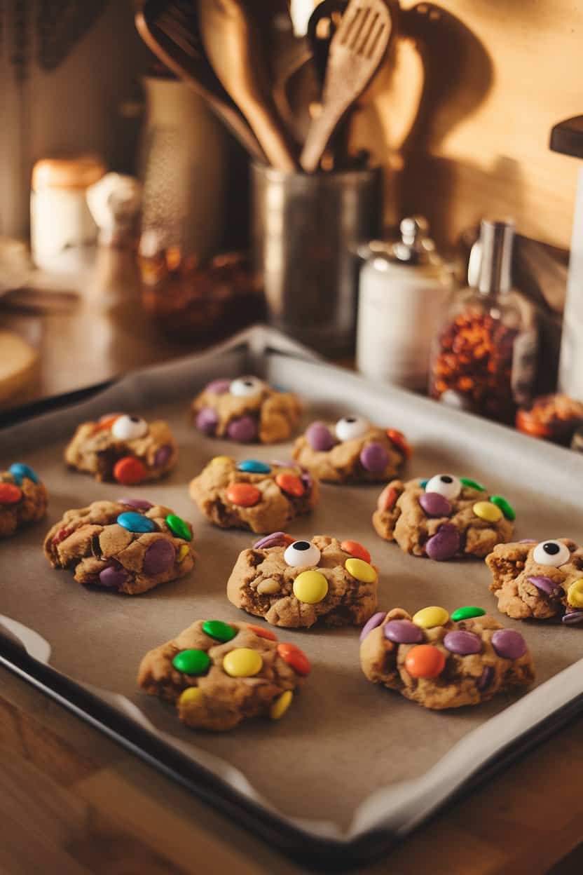 Photo inside a cozy kitchen showing chunky cookies studded with brightly colored candy pieces and candy eyeballs on a parchment-lined baking sheet—no text or logos.