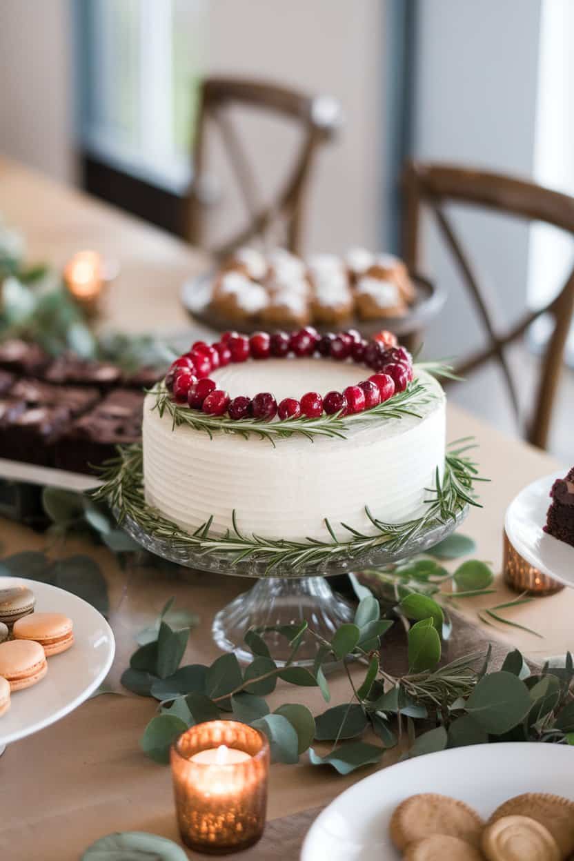 Indoor dessert table with a white-iced cake crowned by a ring of glistening candied cranberries and sprigs of fresh rosemary, photographed straight-on, no text or logos.