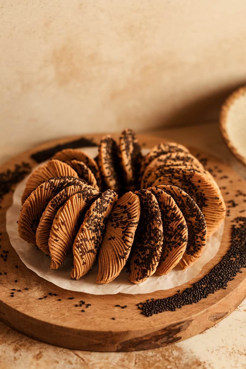 Photo of an indoor serving board with thin, dark cookies sprinkled with toasted black sesame seeds, feather-like ridges visible—no text or logos.