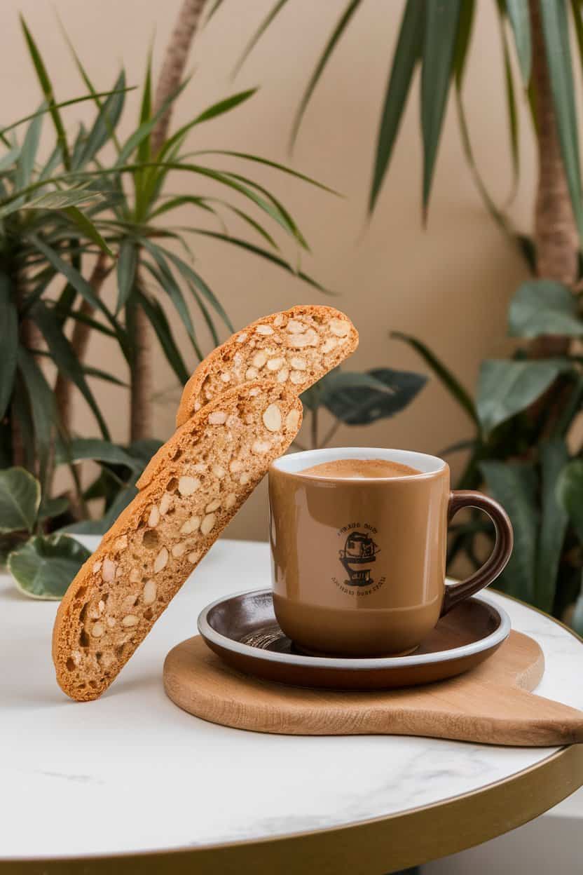 Photo prompt: Indoor café-style table with a few almond biscotti leaning against a mug of coffee, golden slices showing almond pieces, no text or logos on mug.