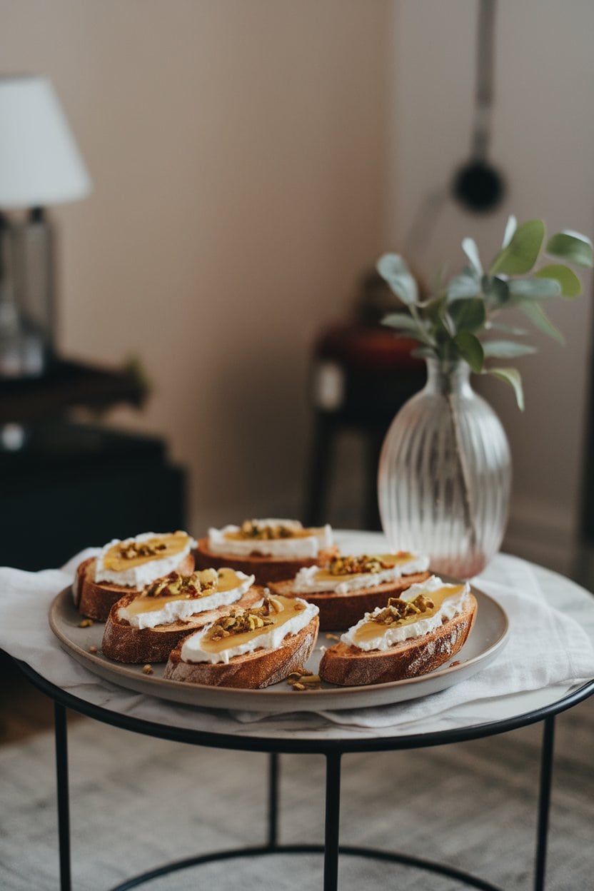 A small indoor coffee table holding toasted baguette slices spread with creamy goat cheese, drizzled with golden honey, and sprinkled with crushed pistachios. No text or logos, photo.