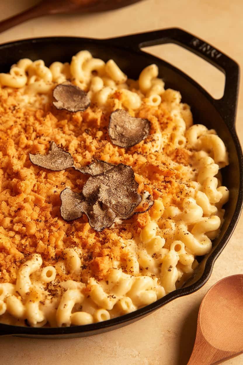 Indoor photo of a cast-iron skillet brimming with creamy mac and cheese, crowned with golden breadcrumbs and drizzled lightly with truffle oil; no text or logos.
