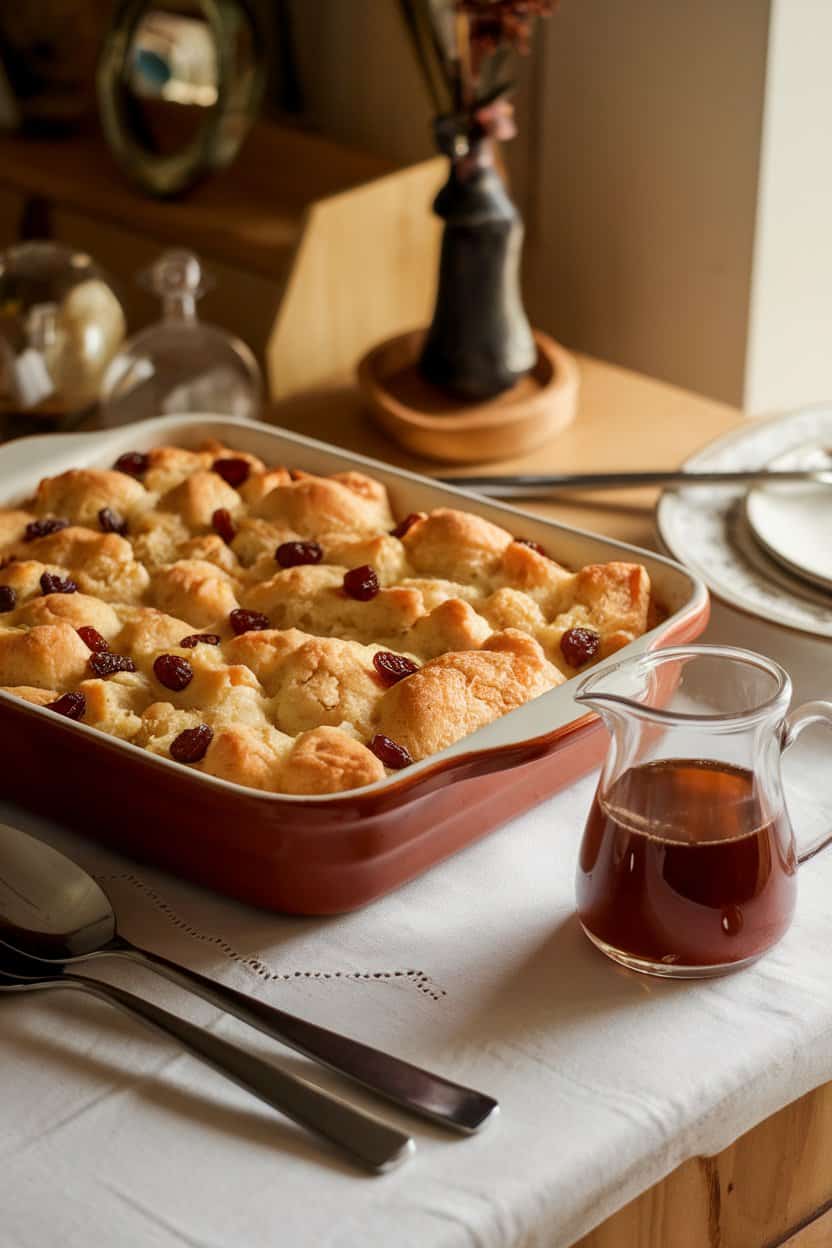 A warmly lit indoor table with a casserole dish of golden bread pudding dotted with plump raisins, a small pitcher of rum sauce alongside. No text or logos. Photo.