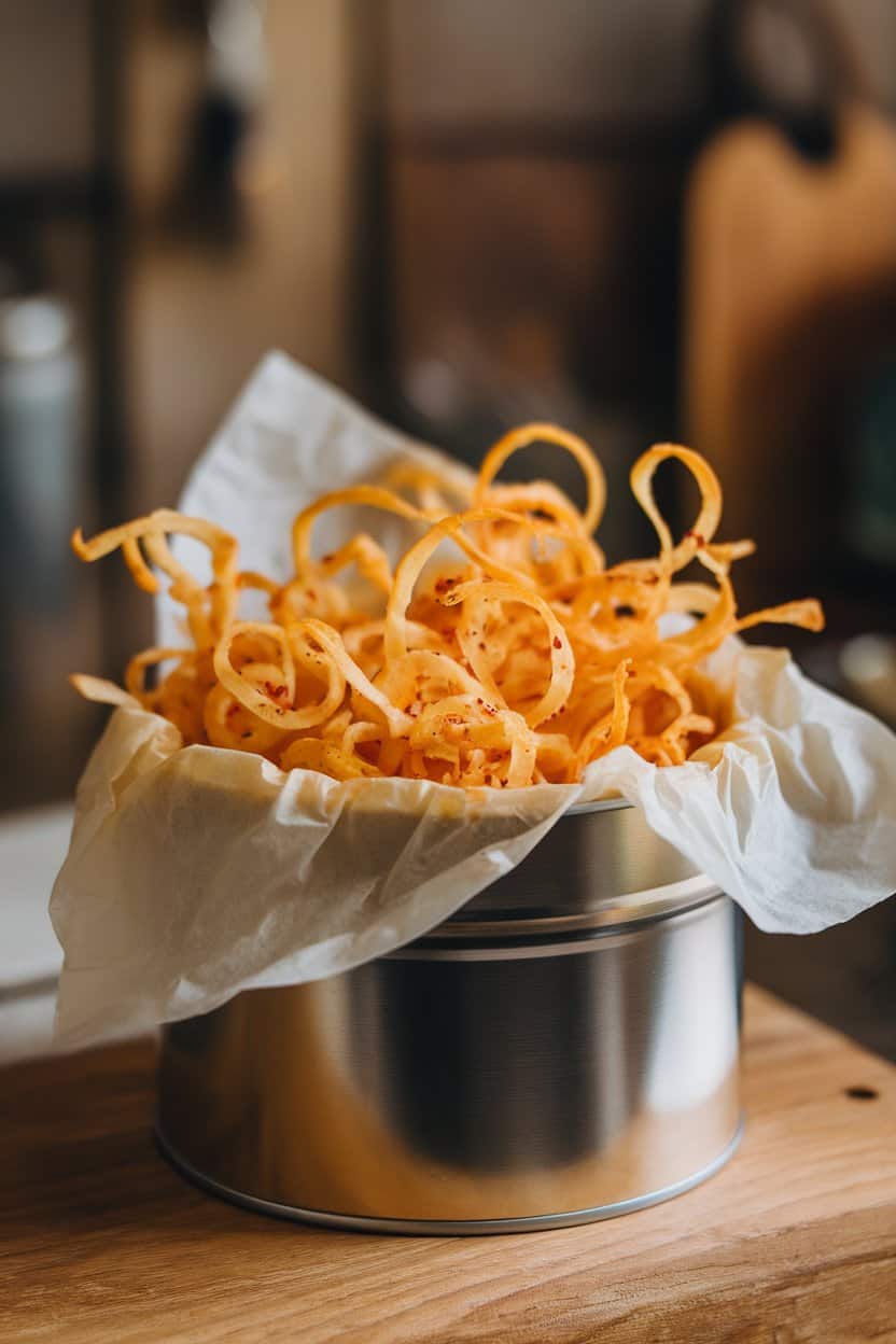 A tin indoors lined with parchment, overflowing with crisp, twisted cheese straws dotted with cayenne. No text or logos, photo.