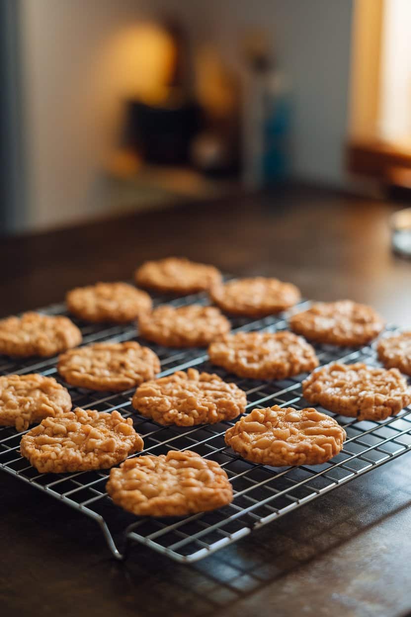 Photo prompt: Indoor countertop with a cooling rack of brown butter toffee cookies, visible caramelized bits and golden hue, ambient kitchen lighting, no text or logos.