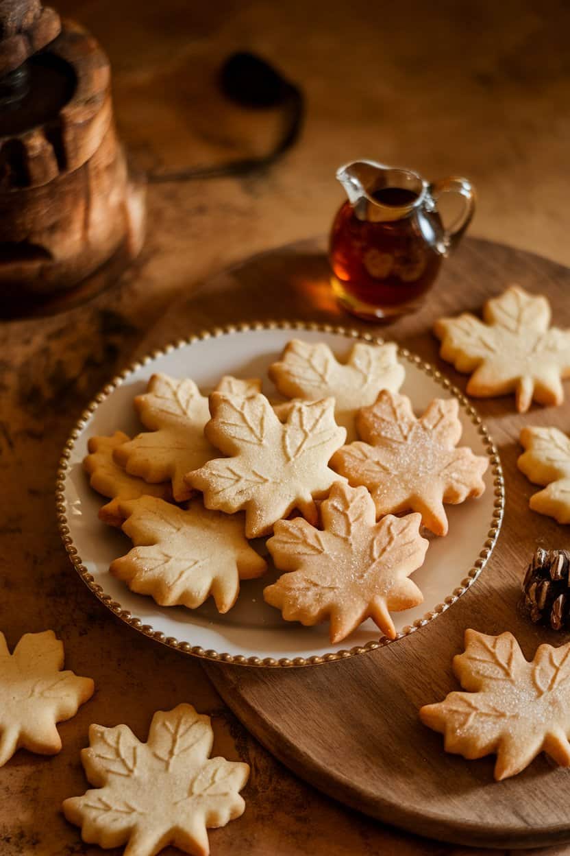 A warmly lit indoor scene of maple sugar cookies with maple leaf impressions, a tiny pitcher of maple syrup nearby. No text or logos present.