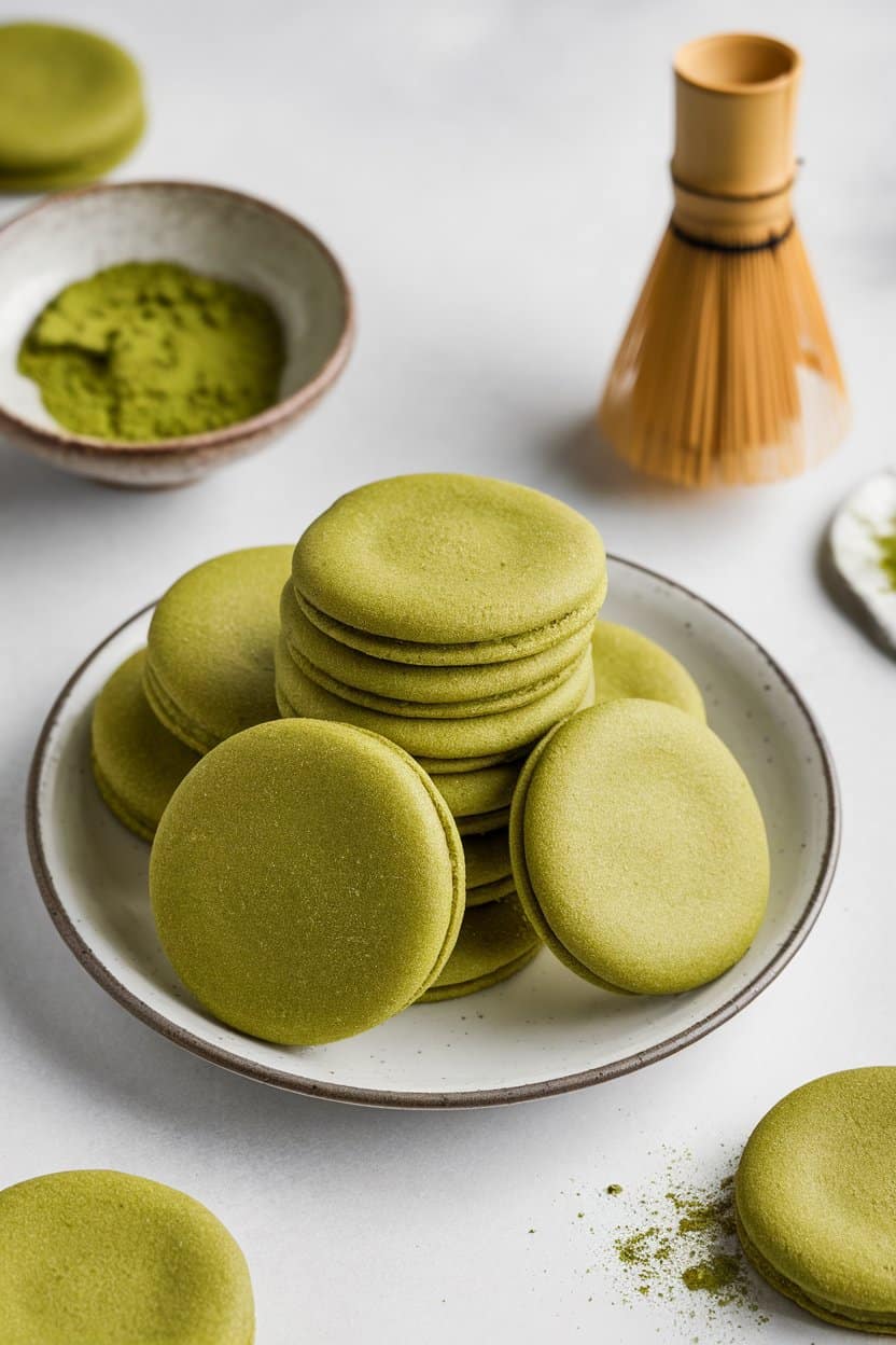 Indoor photo of green matcha sugar cookies stacked neatly with a small bowl of matcha powder and a bamboo whisk nearby. No branding or text.