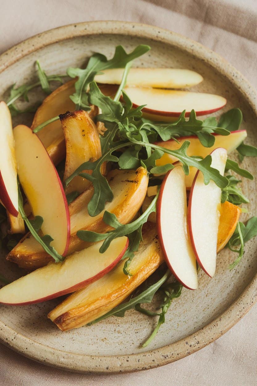 Indoor photo of roasted parsnip wedges glazed with honey, tossed with thin apple slices and arugula on a stoneware plate. No text or logos.