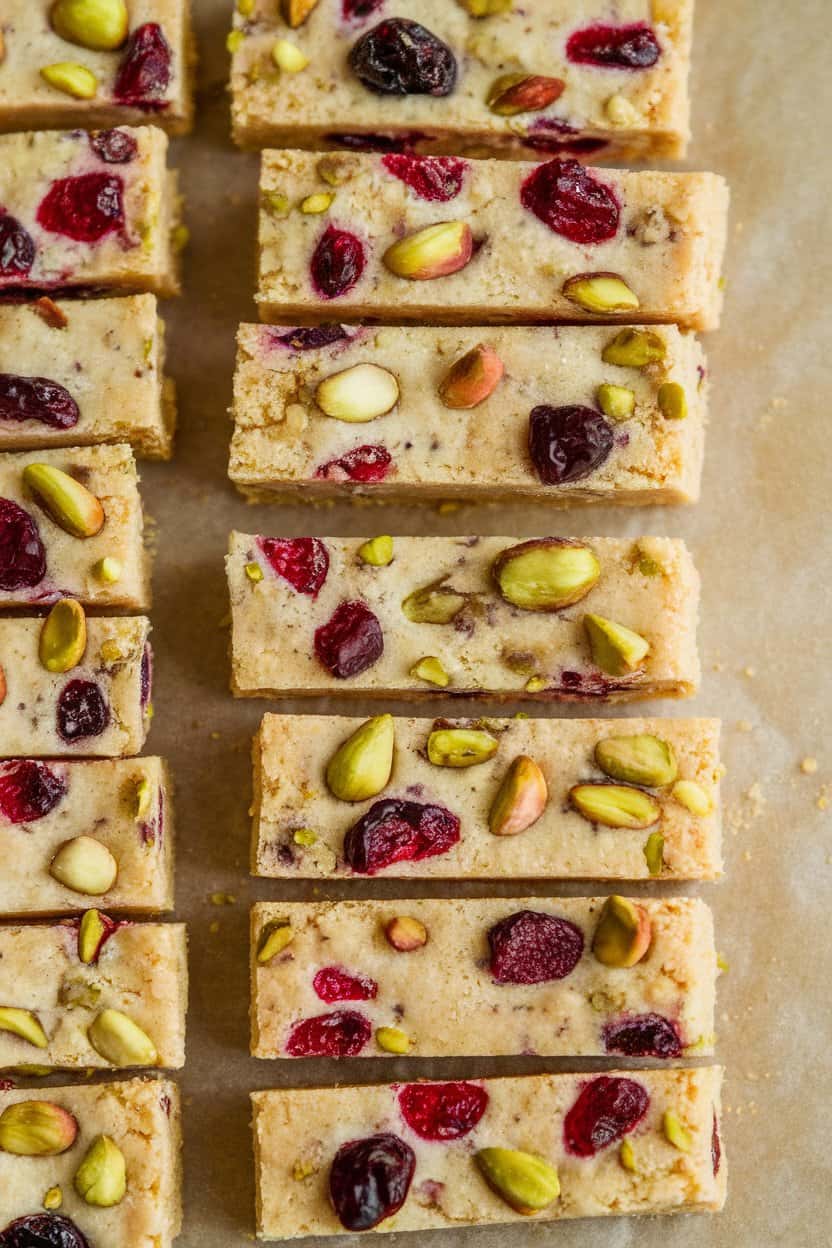 Photo prompt: Indoor scene with round shortbread slices studded with green pistachios and red cranberries, neat rows on parchment, no text or logos.
