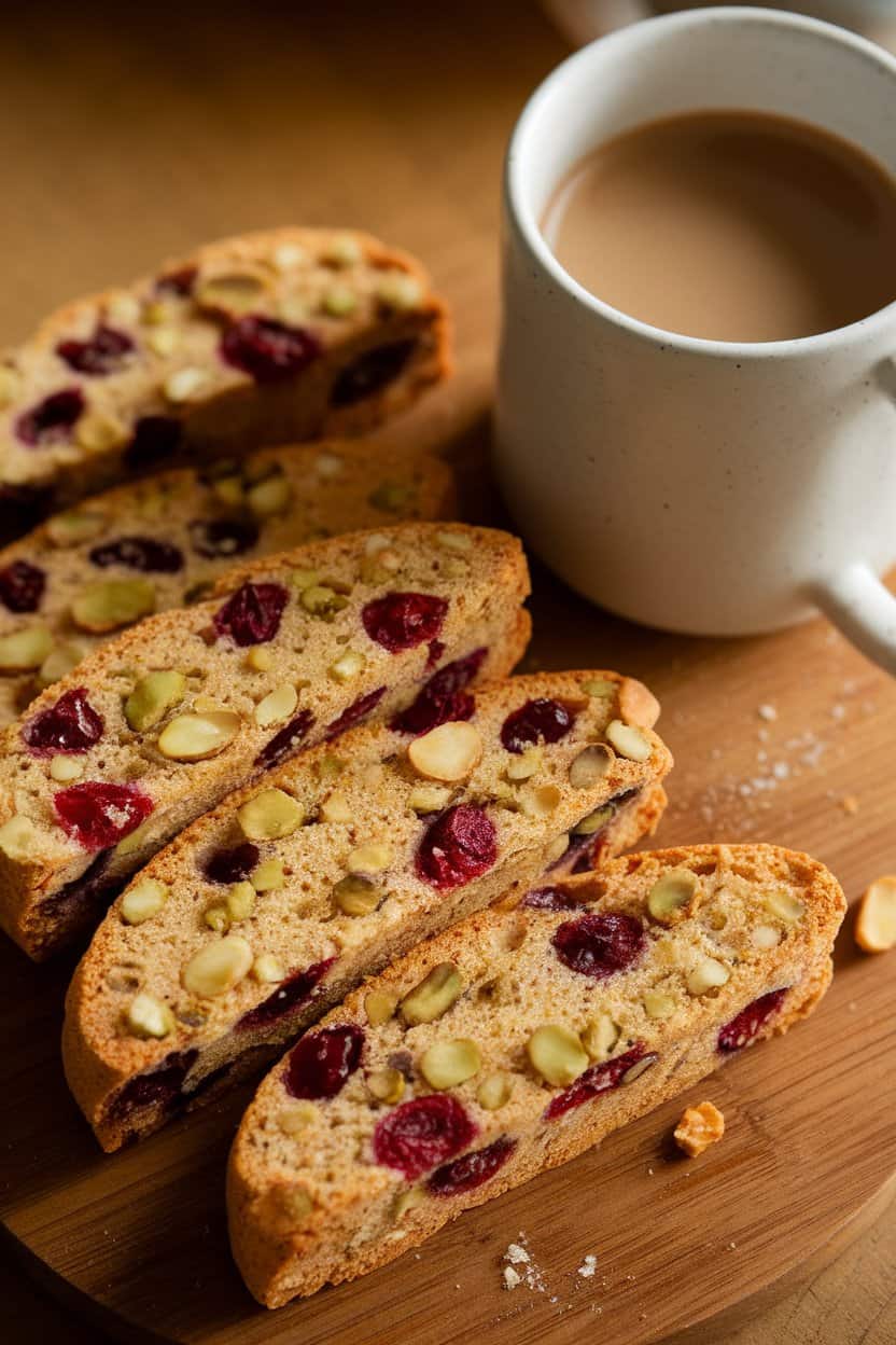 Indoor photo of twice-baked cranberry pistachio biscotti stacked beside a cup of coffee, no text or logos