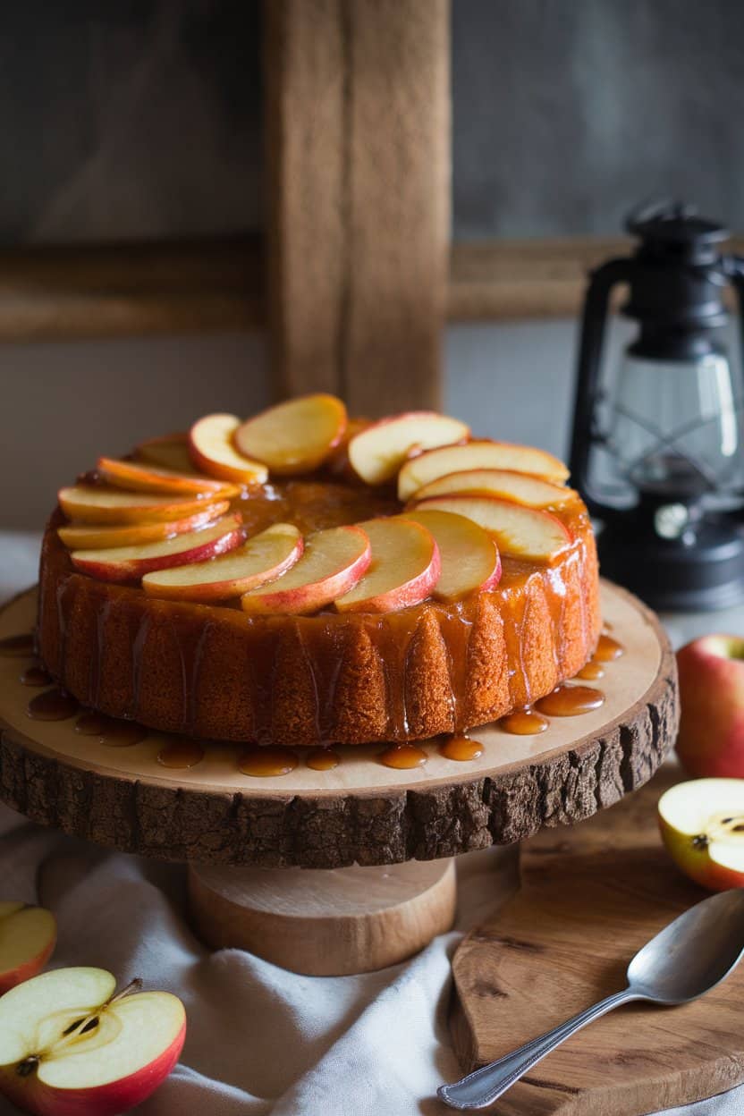 Indoor photo of a round upside-down cake topped with caramelized apple slices glistening with maple syrup glaze, no text or logos